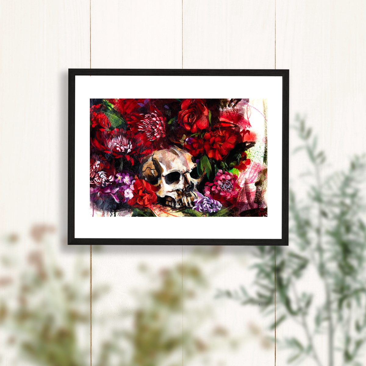 Red Flowers Skull Painting Art Print - 11x14 inches