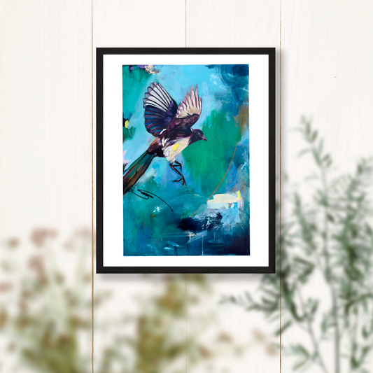 "Almost There" - Magpie Bird Painting Art Print - 11x14 inches